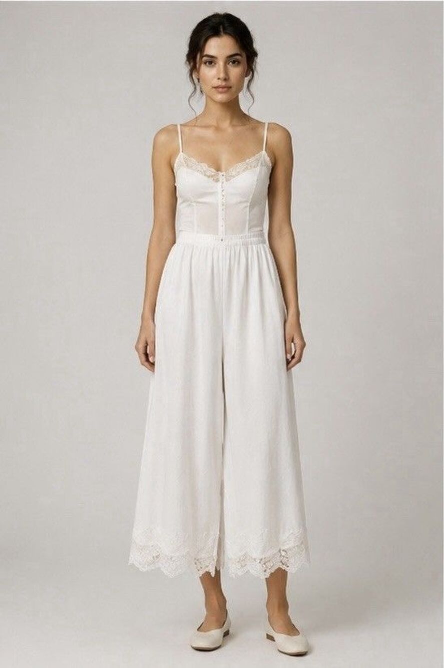 Suzanne Betro White Lace-Trim Wide-Leg Jumpsuit